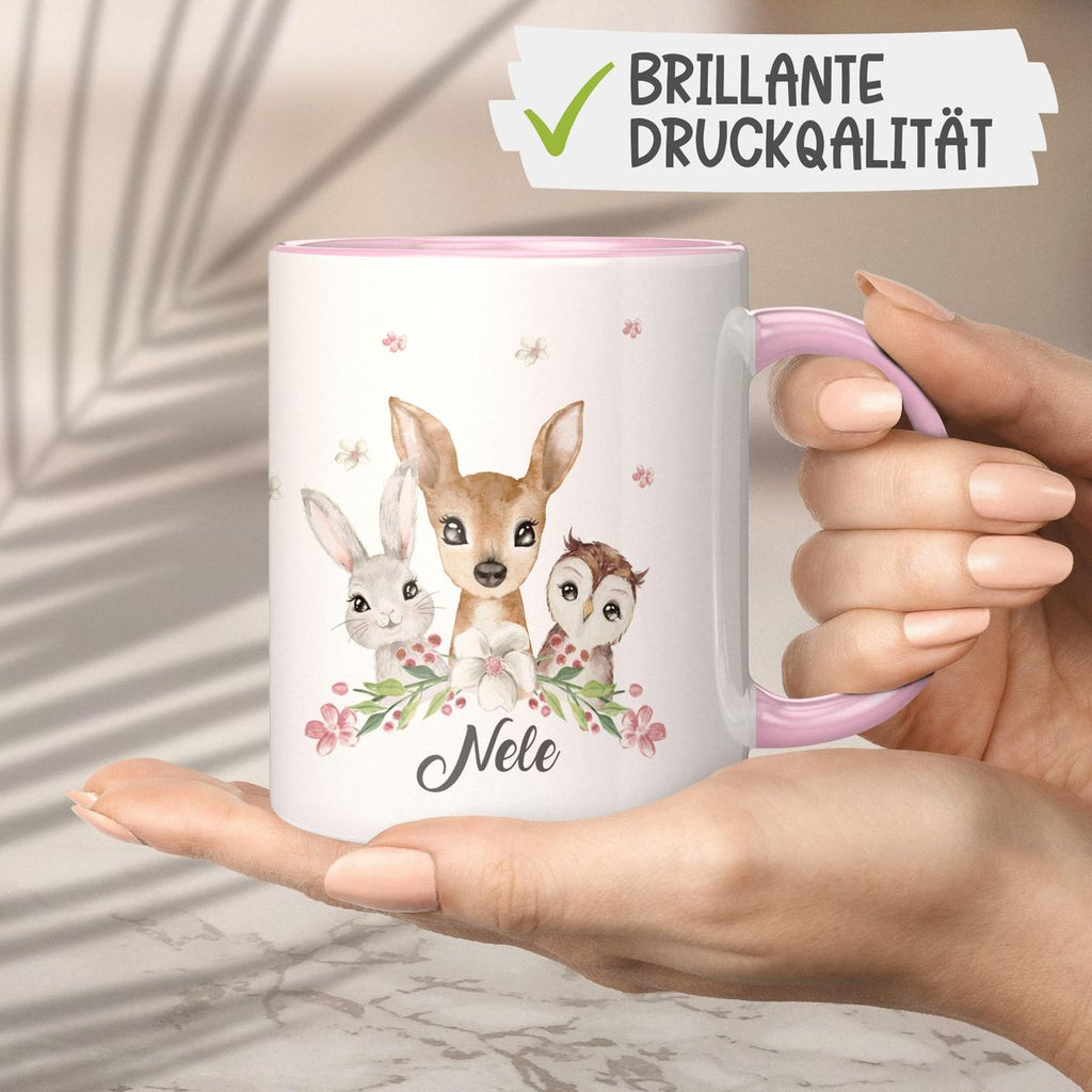 Keramik Tasse Hase, Reh und Eule mit Namen - von Mikalino