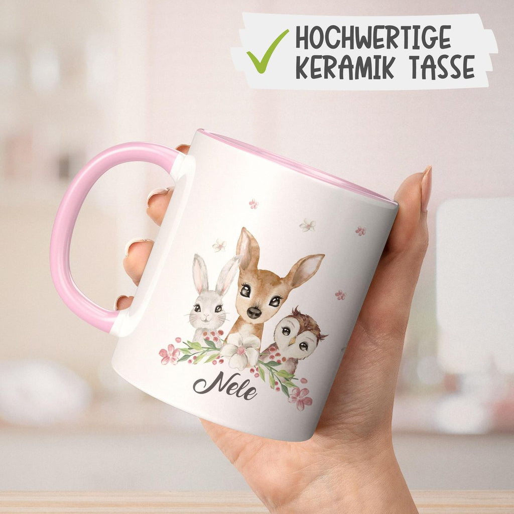 Keramik Tasse Hase, Reh und Eule mit Namen - von Mikalino