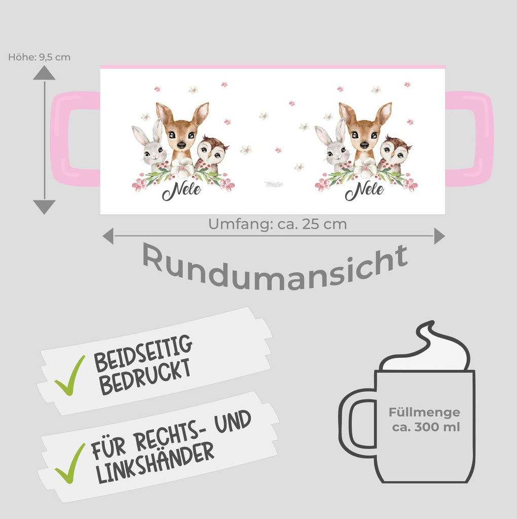 Keramik Tasse Hase, Reh und Eule mit Namen - von Mikalino