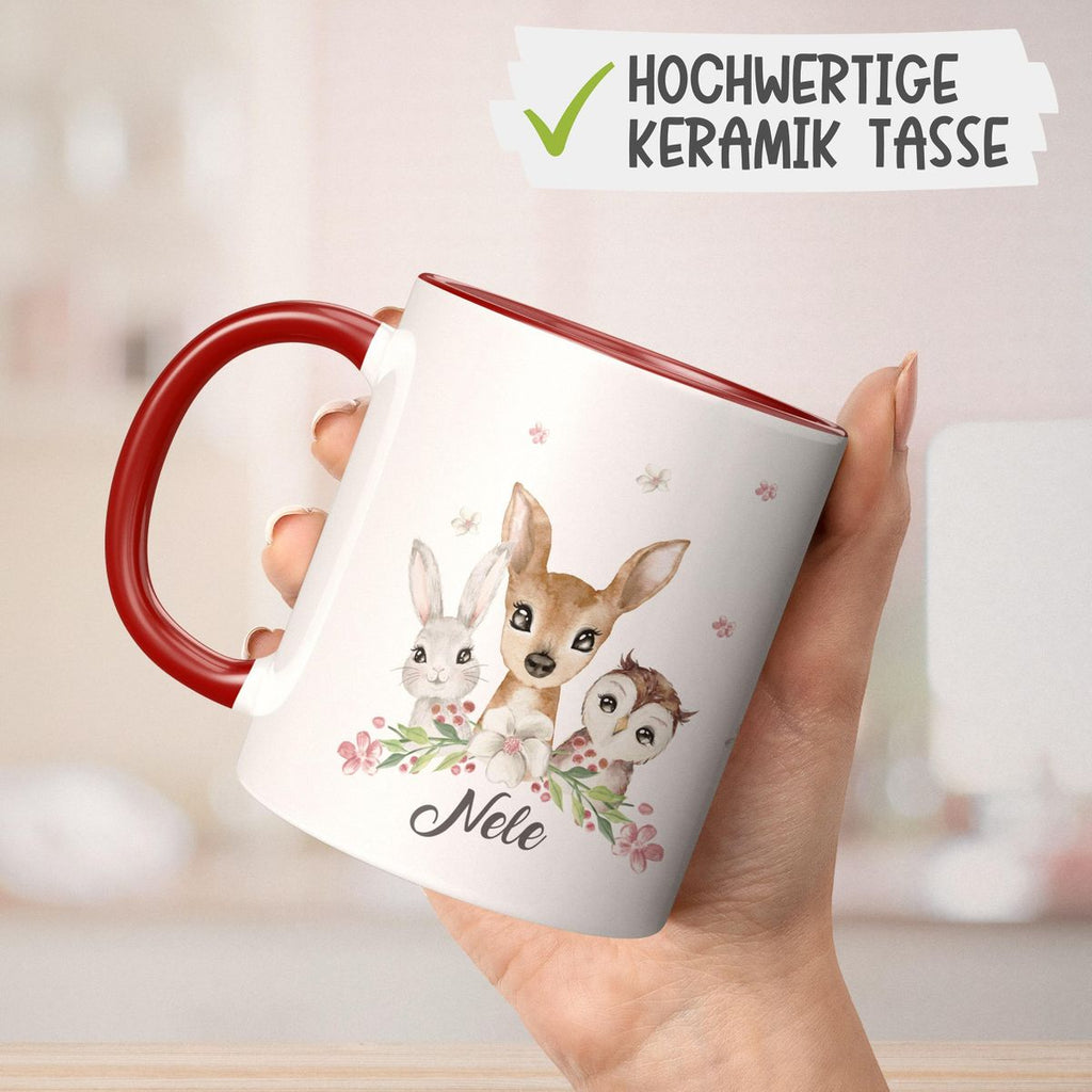 Keramik Tasse Hase, Reh und Eule mit Namen - von Mikalino