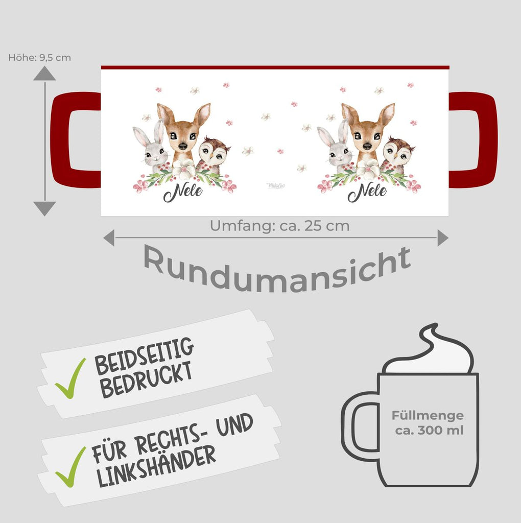 Keramik Tasse Hase, Reh und Eule mit Namen - von Mikalino