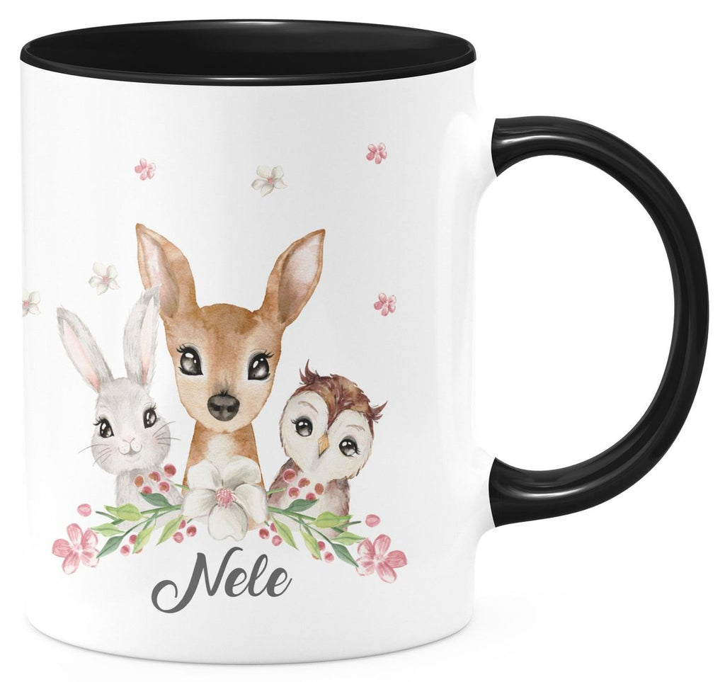 Keramik Tasse Hase, Reh und Eule mit Namen - von Mikalino