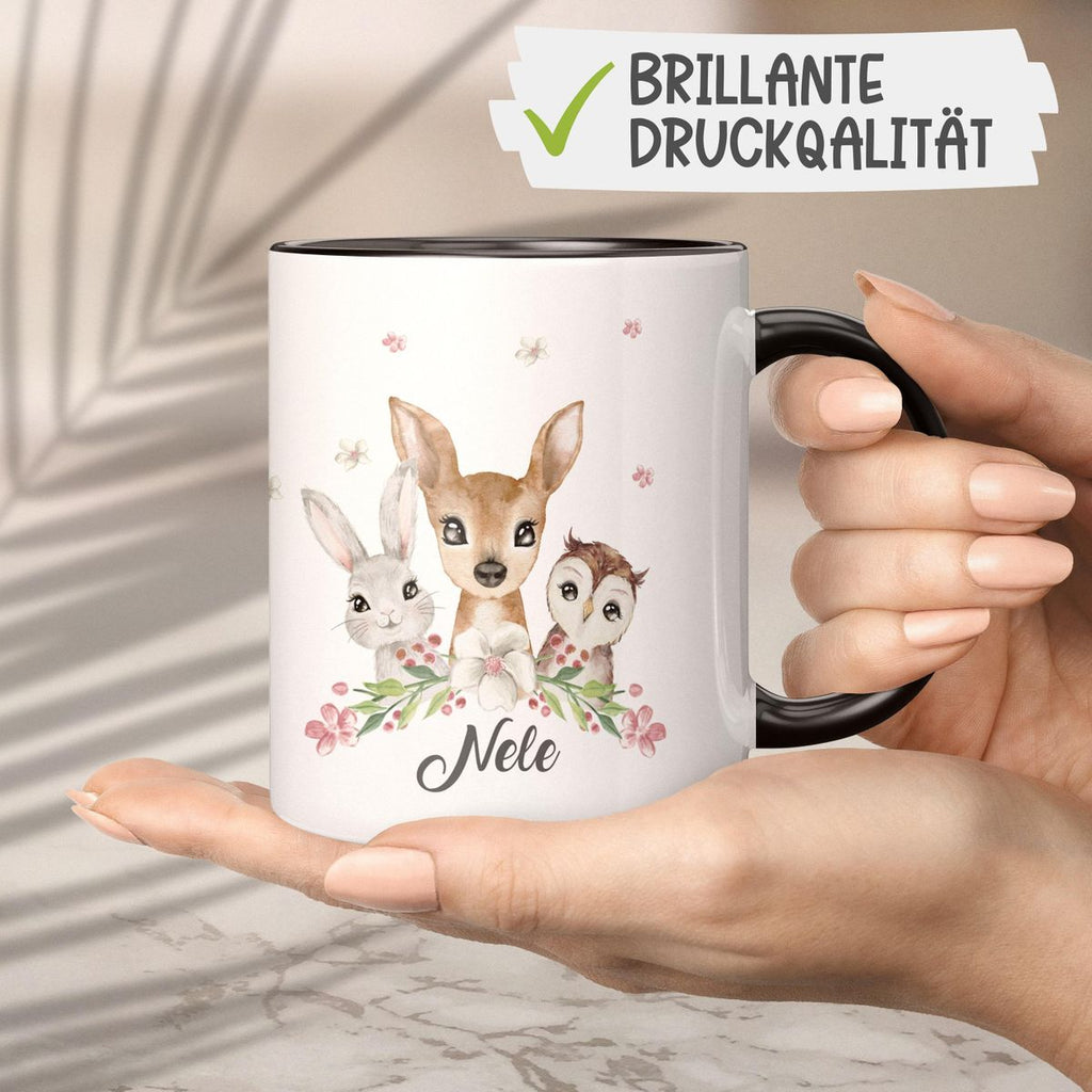 Keramik Tasse Hase, Reh und Eule mit Namen - von Mikalino