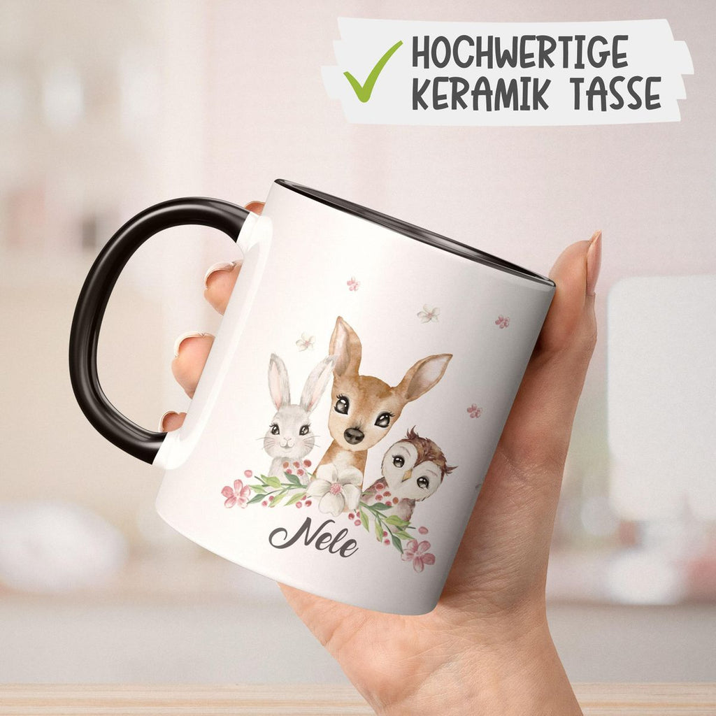 Keramik Tasse Hase, Reh und Eule mit Namen - von Mikalino