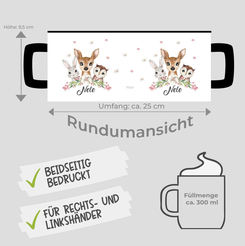 Keramik Tasse Hase, Reh und Eule mit Namen - von Mikalino