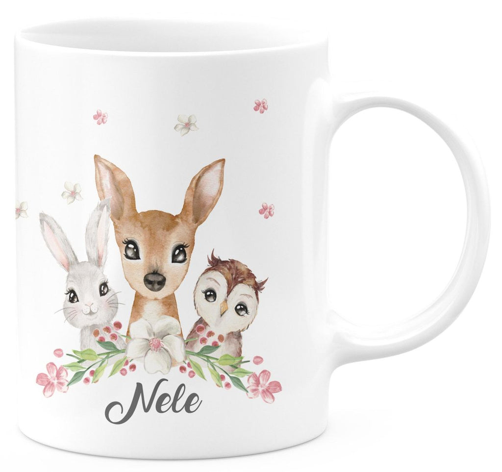 Keramik Tasse Hase, Reh und Eule mit Namen - von Mikalino