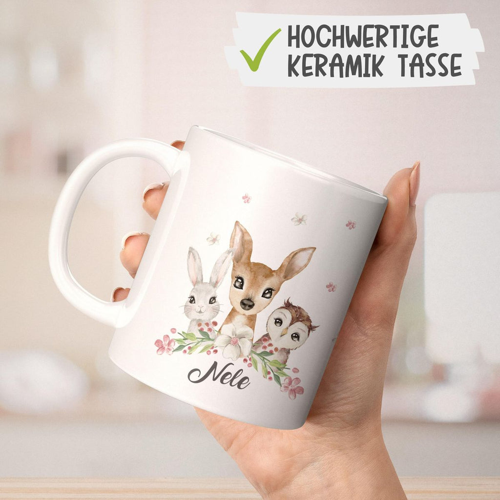 Keramik Tasse Hase, Reh und Eule mit Namen - von Mikalino