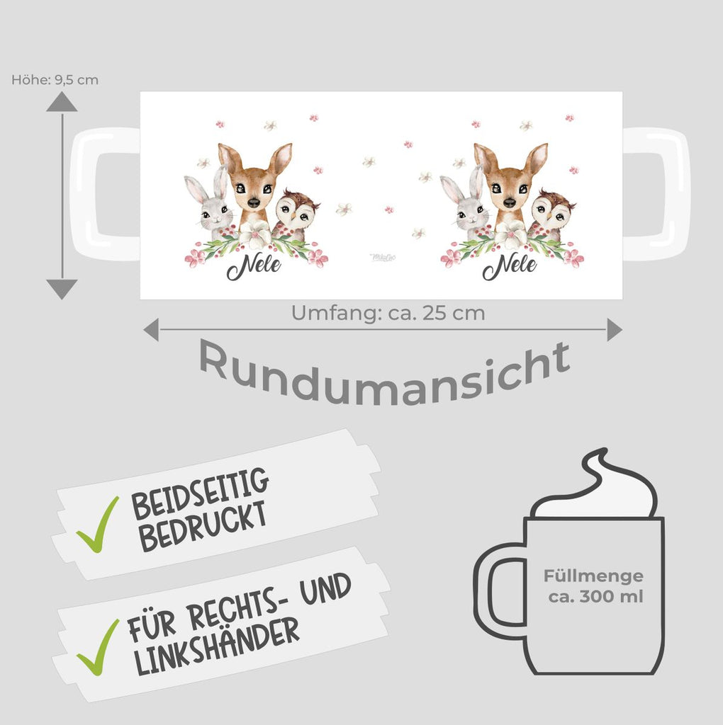 Keramik Tasse Hase, Reh und Eule mit Namen - von Mikalino