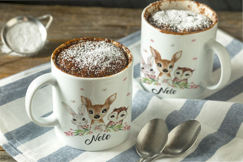 Keramik Tasse Hase, Reh und Eule mit Namen - von Mikalino