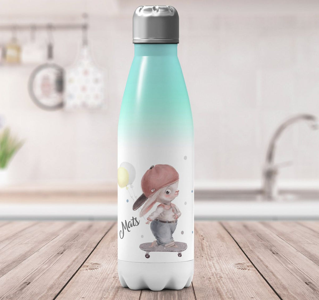 Thermo Trinkflasche Hase auf Skateboard mit Namen - von Mikalino