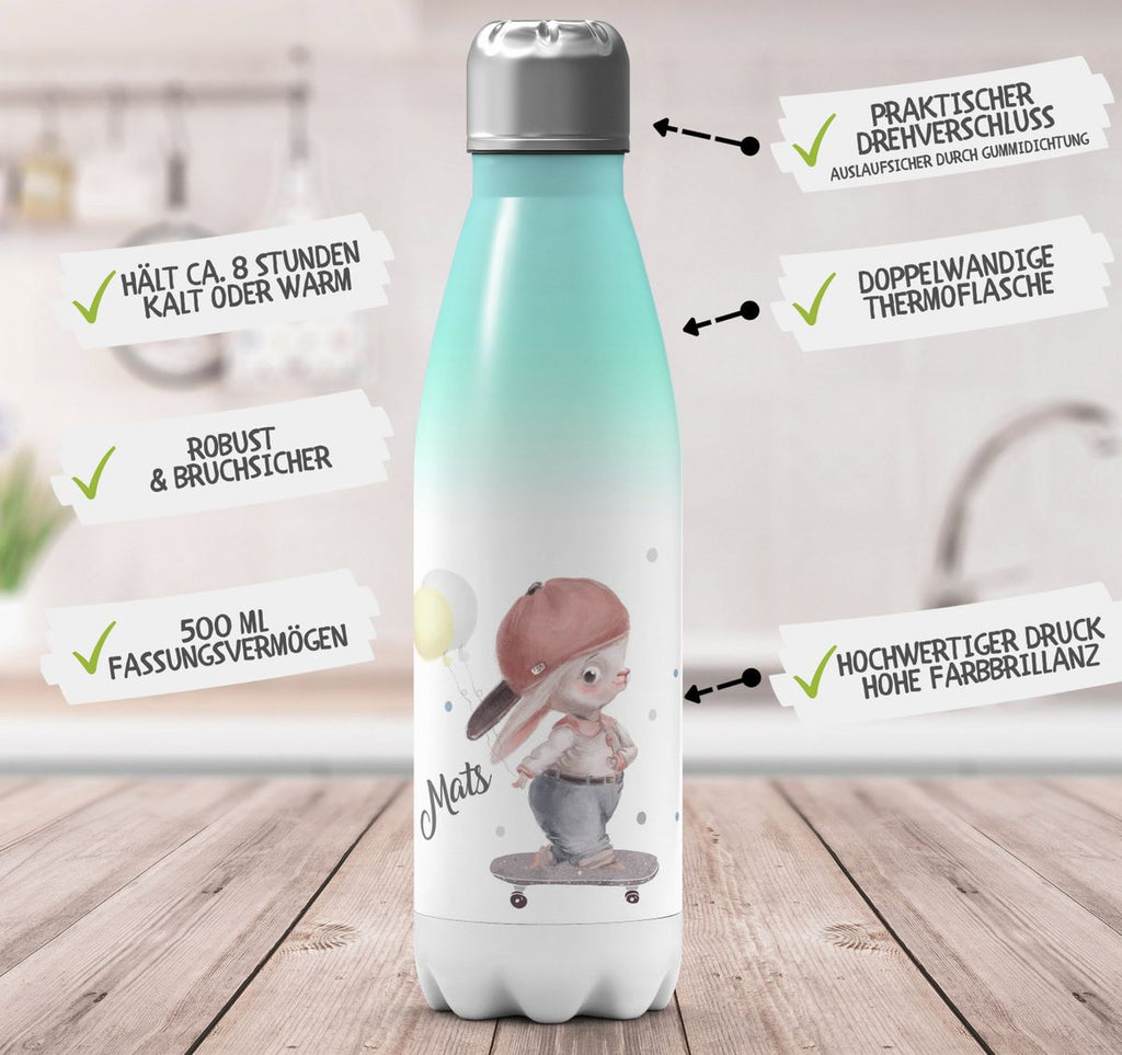 Thermo Trinkflasche Hase auf Skateboard mit Namen - von Mikalino