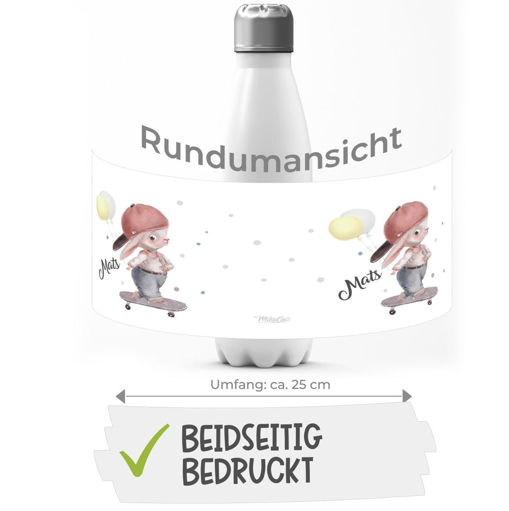 Thermo Trinkflasche Hase auf Skateboard mit Namen - von Mikalino