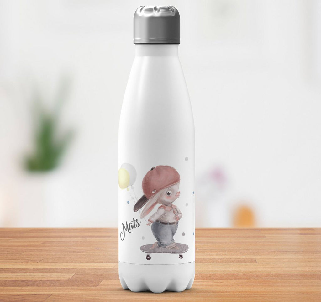 Thermo Trinkflasche Hase auf Skateboard mit Namen - von Mikalino