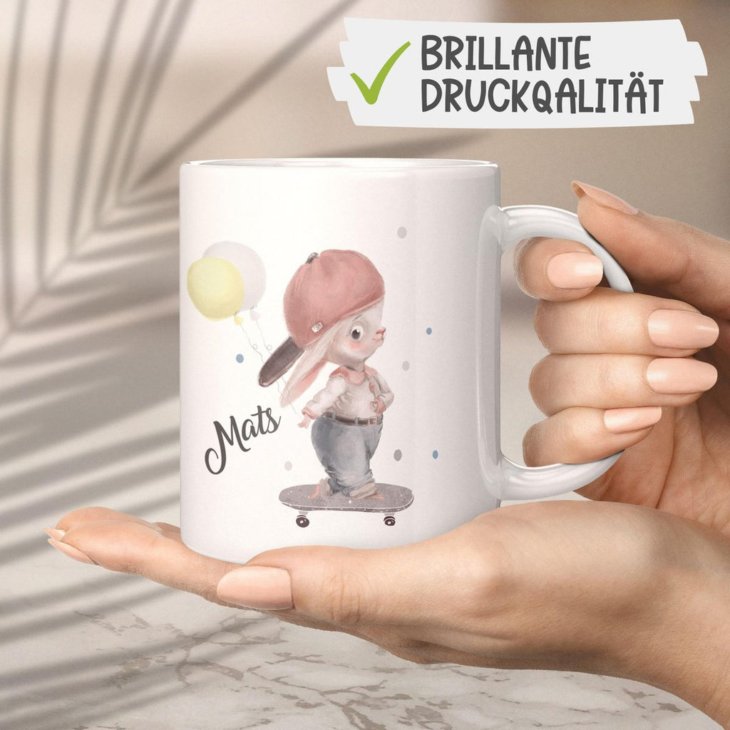 Keramik Tasse Hase auf Skateboard mit Namen - von Mikalino