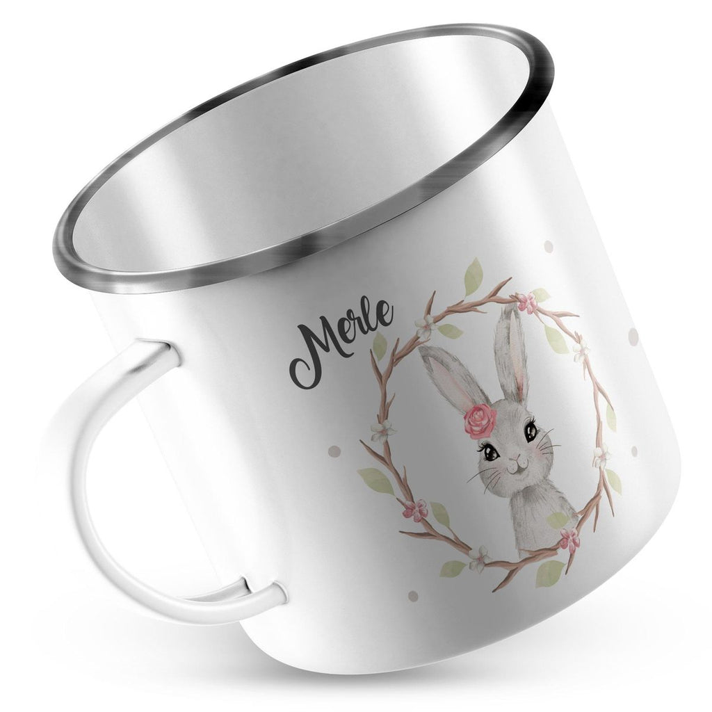 Emaille Tasse Hase mit Kranz mit Namen - von Mikalino