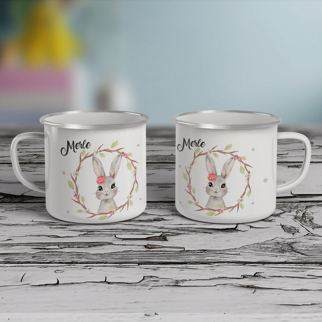 Emaille Tasse Hase mit Kranz mit Namen - von Mikalino