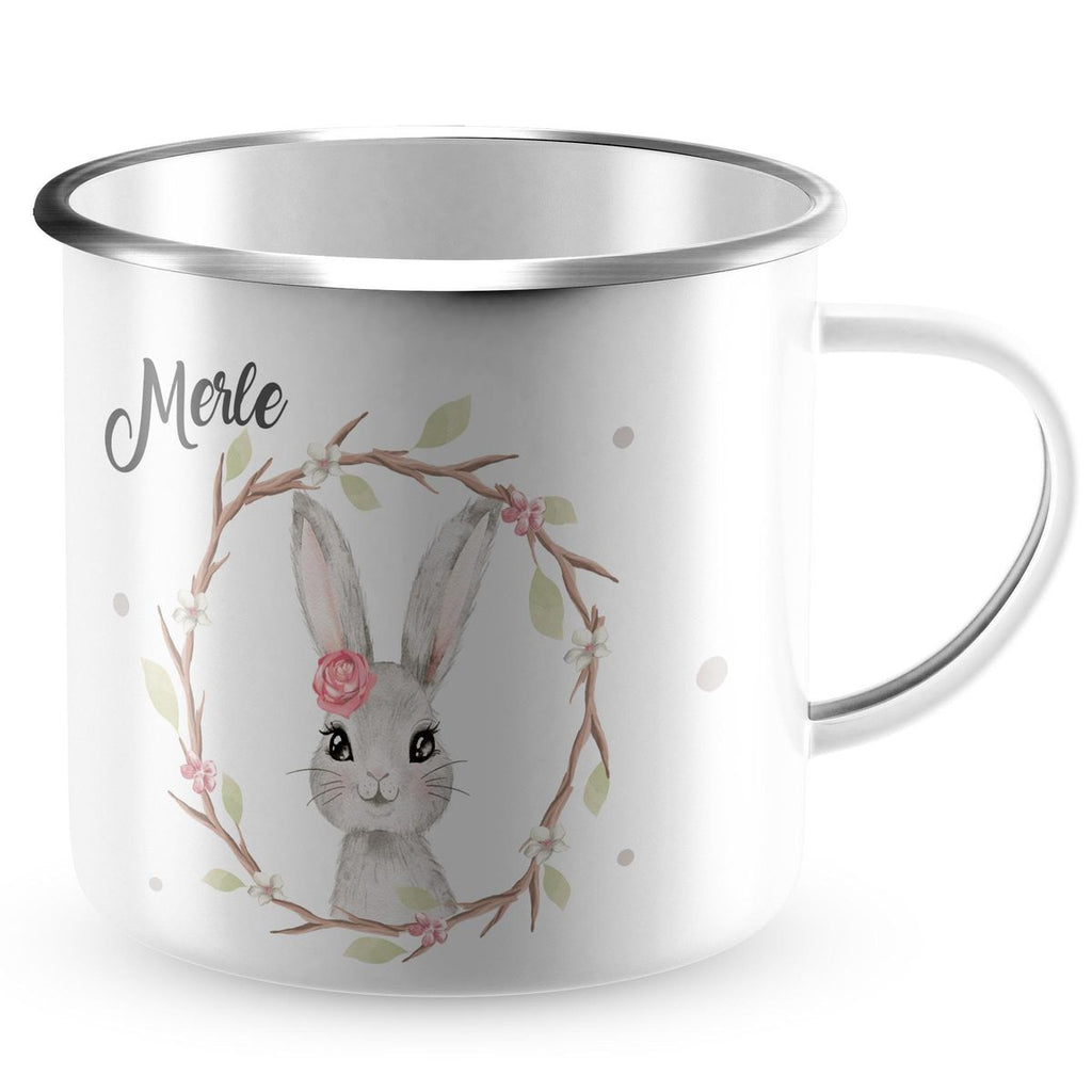 Emaille Tasse Hase mit Kranz mit Namen - von Mikalino