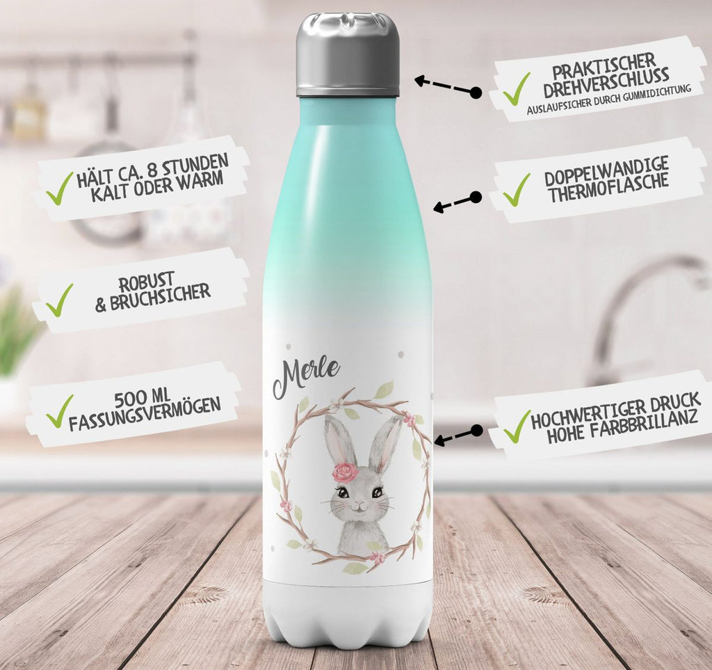 Thermo Trinkflasche Hase mit Kranz mit Namen - von Mikalino