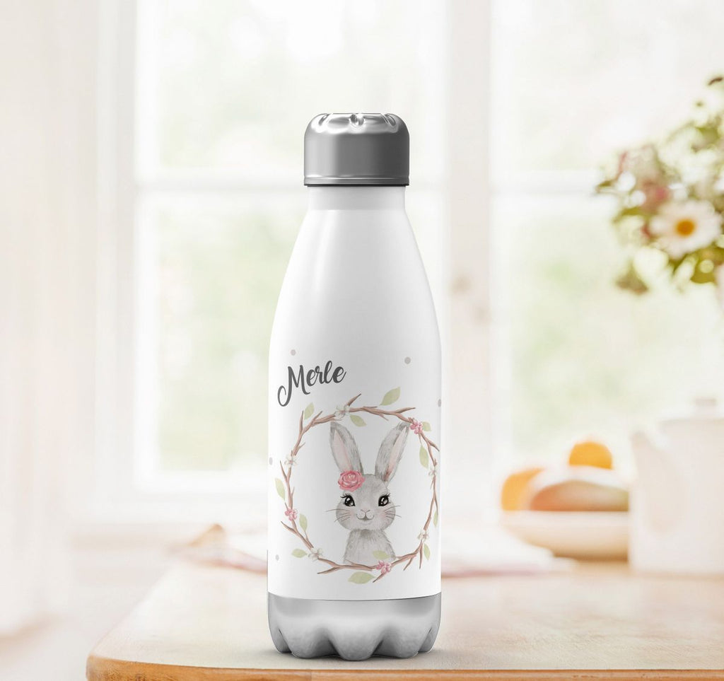 Thermo Trinkflasche Hase mit Kranz mit Namen - von Mikalino