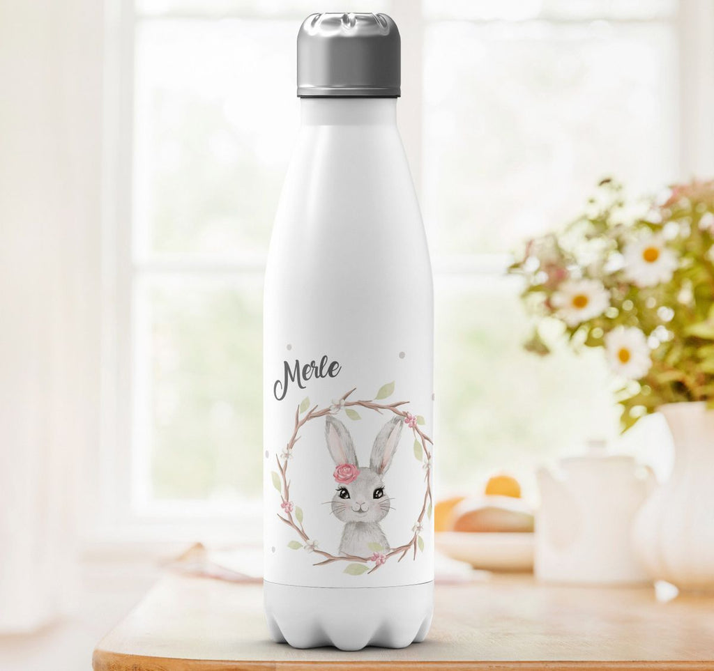 Thermo Trinkflasche Hase mit Kranz mit Namen - von Mikalino