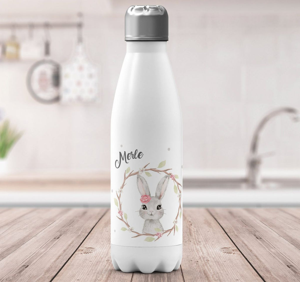 Thermo Trinkflasche Hase mit Kranz mit Namen - von Mikalino