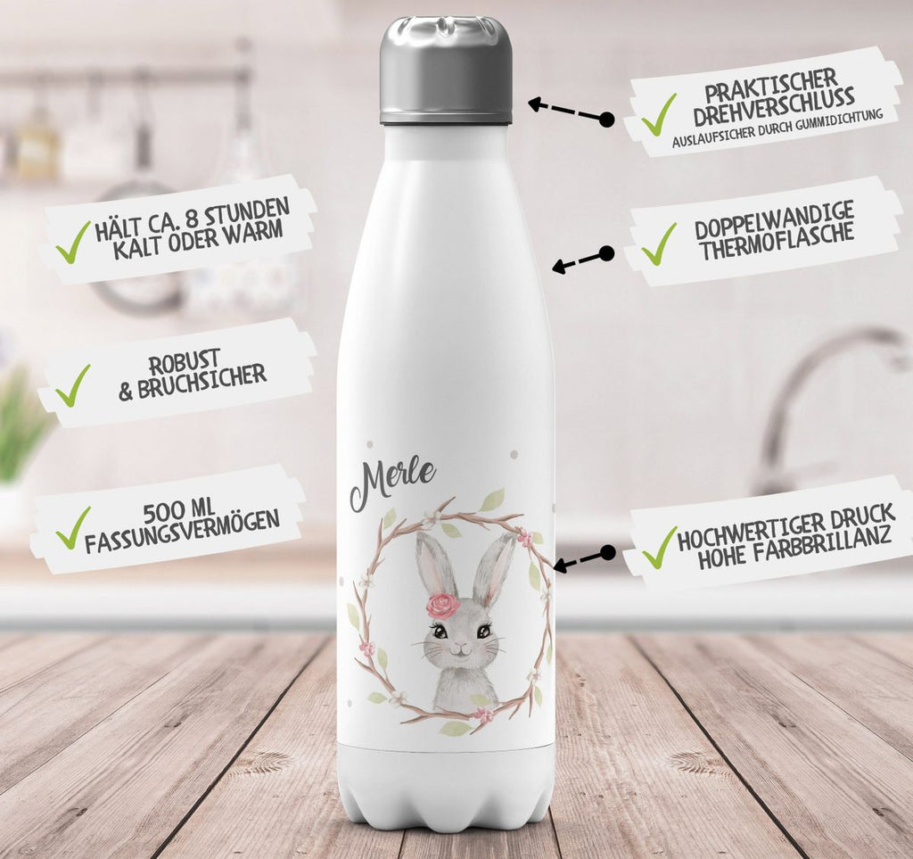 Thermo Trinkflasche Hase mit Kranz mit Namen - von Mikalino