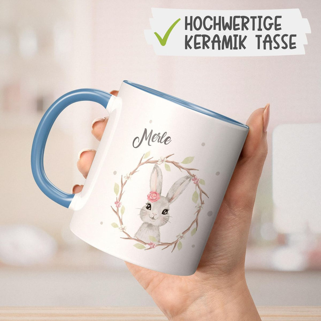 Keramik Tasse Hase mit Kranz mit Namen - von Mikalino