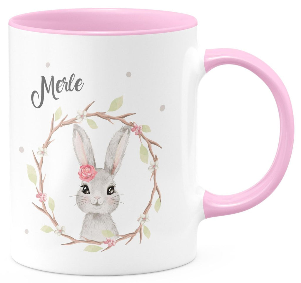 Keramik Tasse Hase mit Kranz mit Namen - von Mikalino