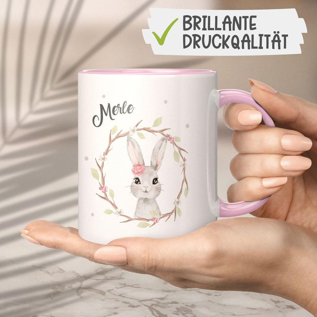 Keramik Tasse Hase mit Kranz mit Namen - von Mikalino