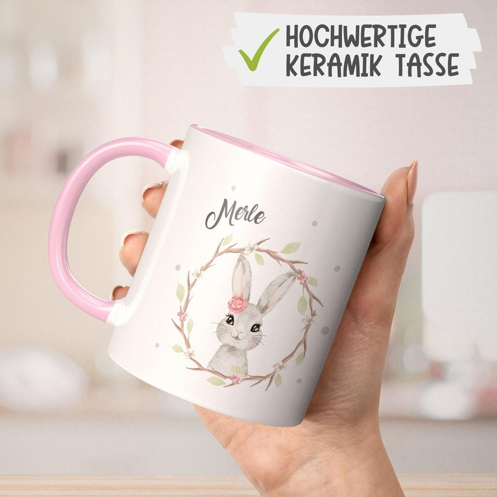 Keramik Tasse Hase mit Kranz mit Namen - von Mikalino