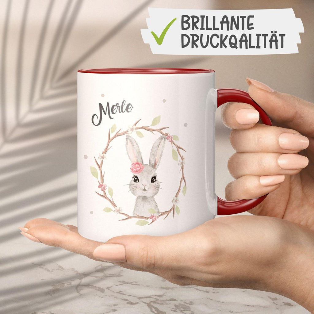 Keramik Tasse Hase mit Kranz mit Namen - von Mikalino