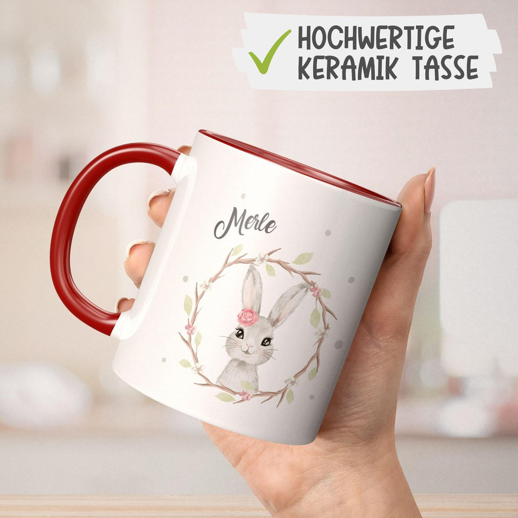 Keramik Tasse Hase mit Kranz mit Namen - von Mikalino