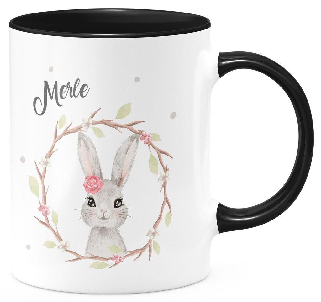 Keramik Tasse Hase mit Kranz mit Namen - von Mikalino