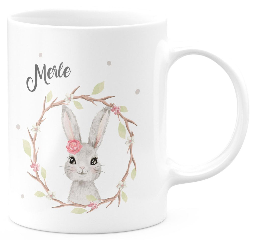 Keramik Tasse Hase mit Kranz mit Namen - von Mikalino