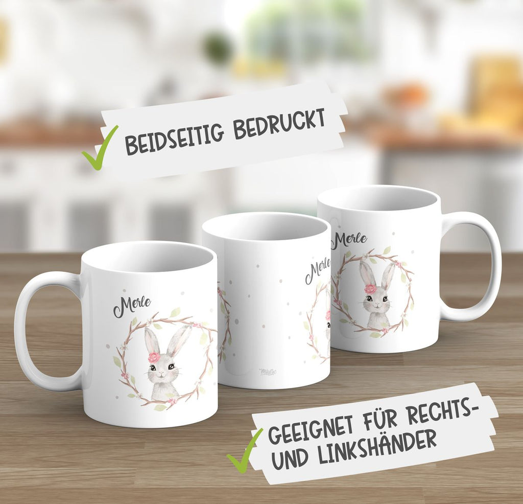 Keramik Tasse Hase mit Kranz mit Namen - von Mikalino