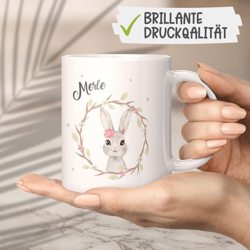 Keramik Tasse Hase mit Kranz mit Namen - von Mikalino