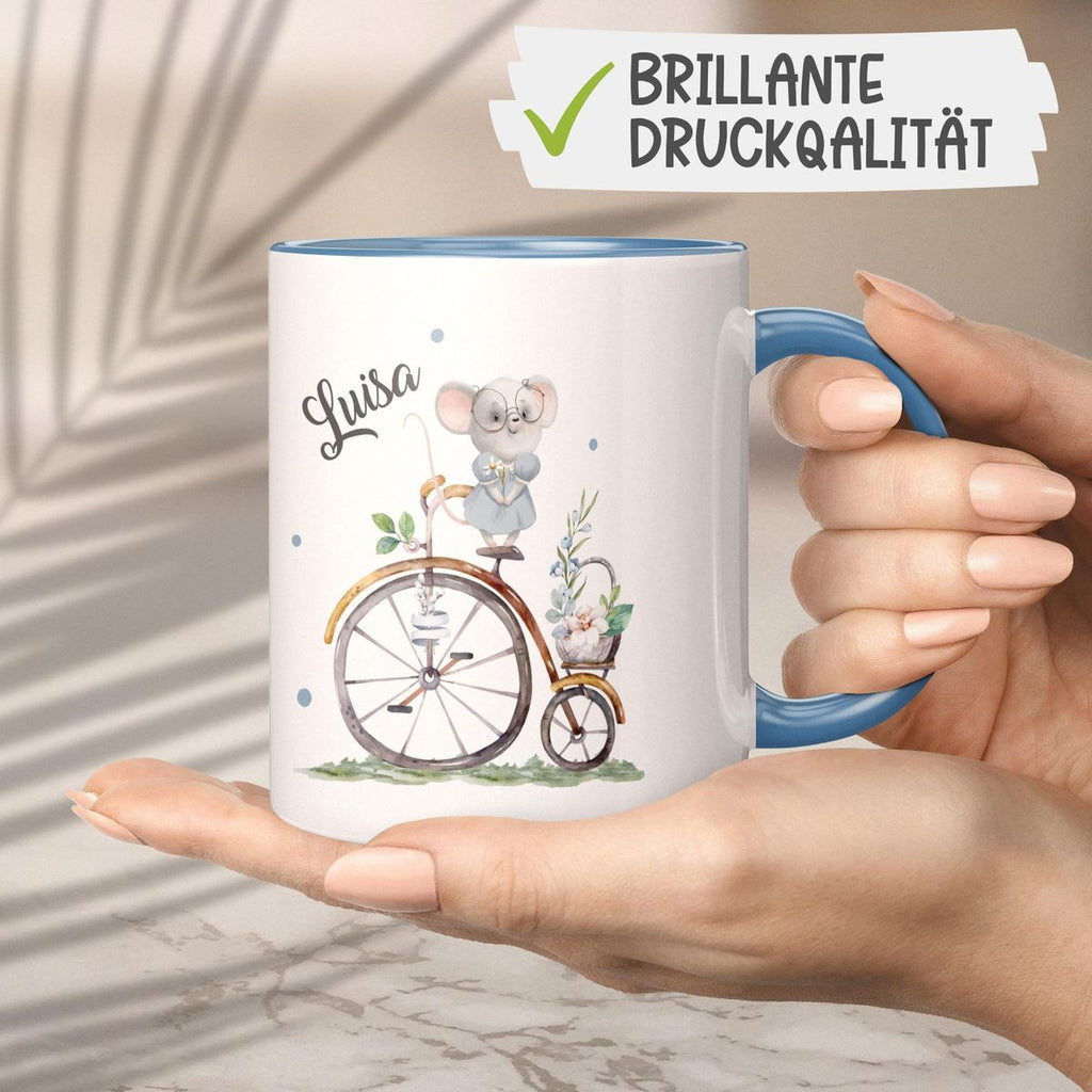 Keramik Tasse Maus auf Fahrrad mit Namen - von Mikalino