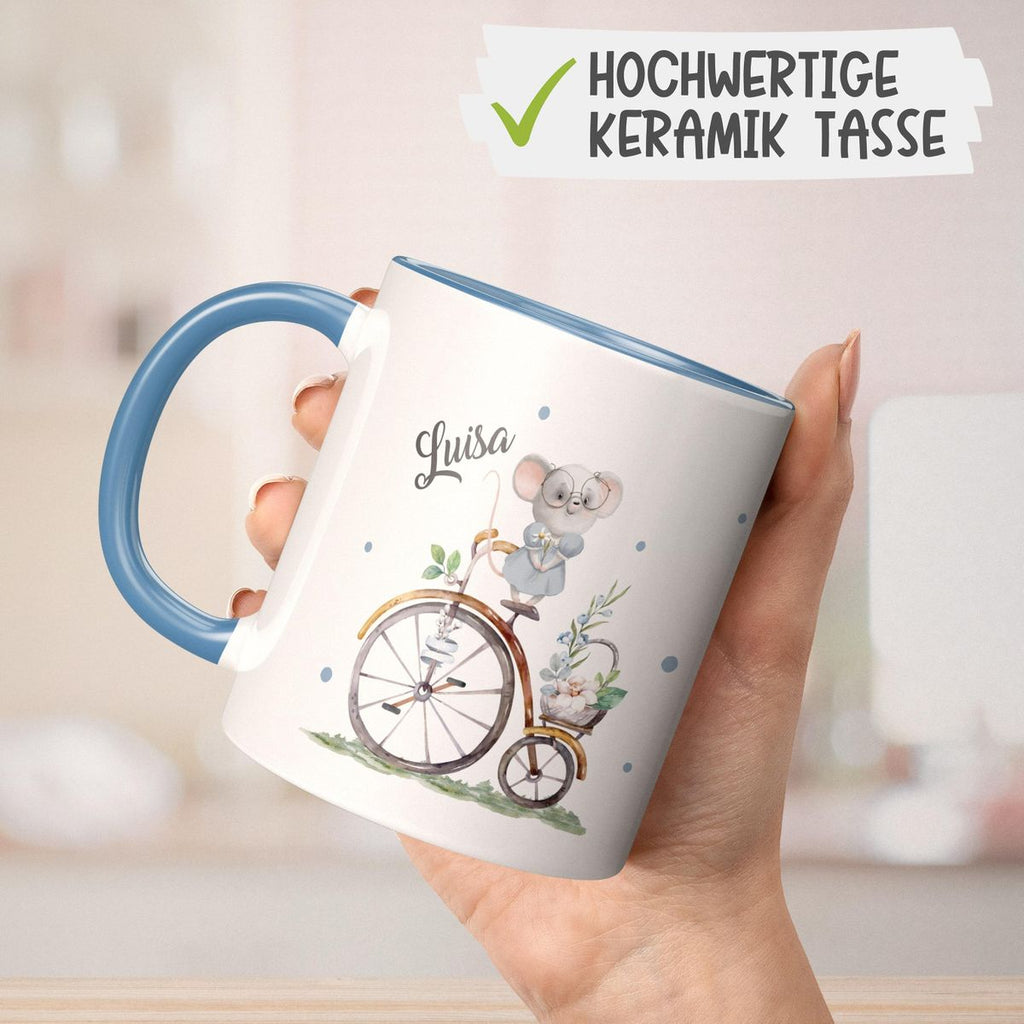 Keramik Tasse Maus auf Fahrrad mit Namen - von Mikalino