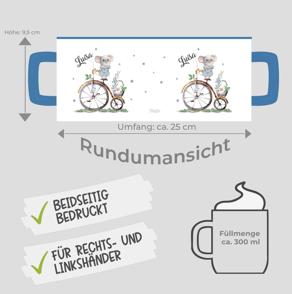 Keramik Tasse Maus auf Fahrrad mit Namen - von Mikalino