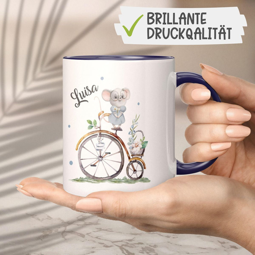 Keramik Tasse Maus auf Fahrrad mit Namen - von Mikalino