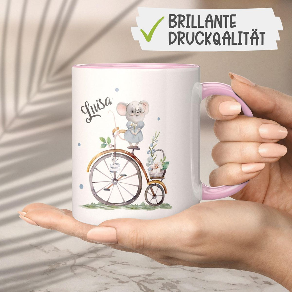 Keramik Tasse Maus auf Fahrrad mit Namen - von Mikalino