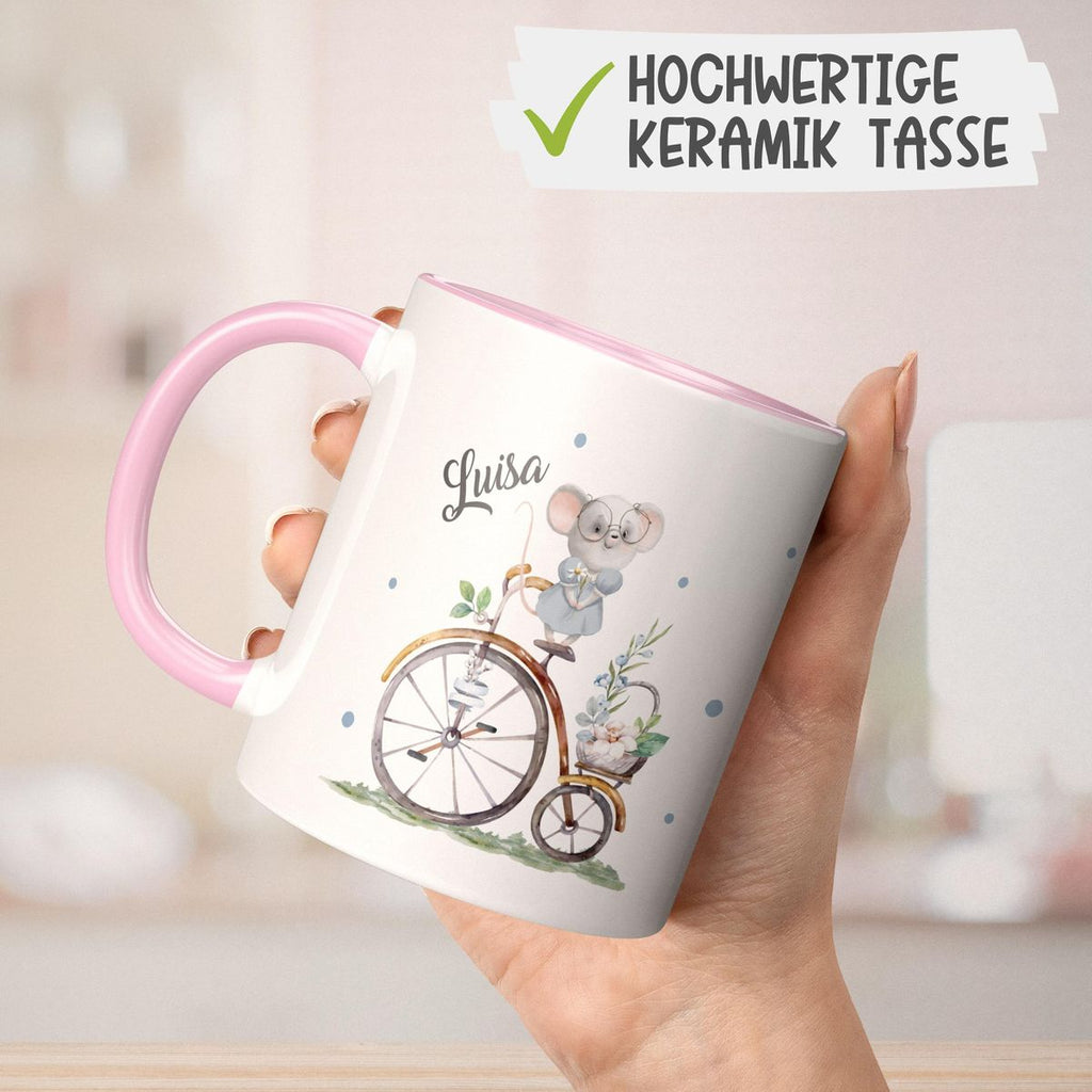 Keramik Tasse Maus auf Fahrrad mit Namen - von Mikalino