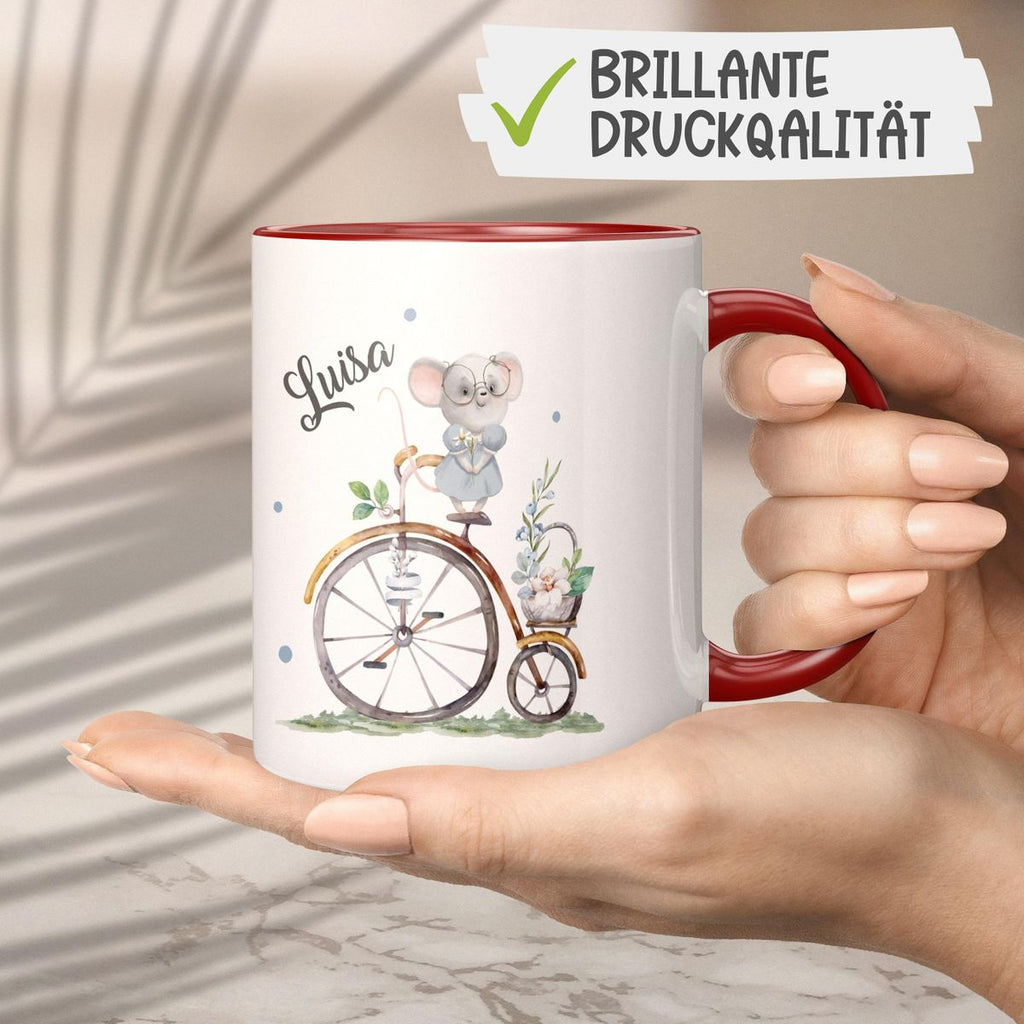 Keramik Tasse Maus auf Fahrrad mit Namen - von Mikalino