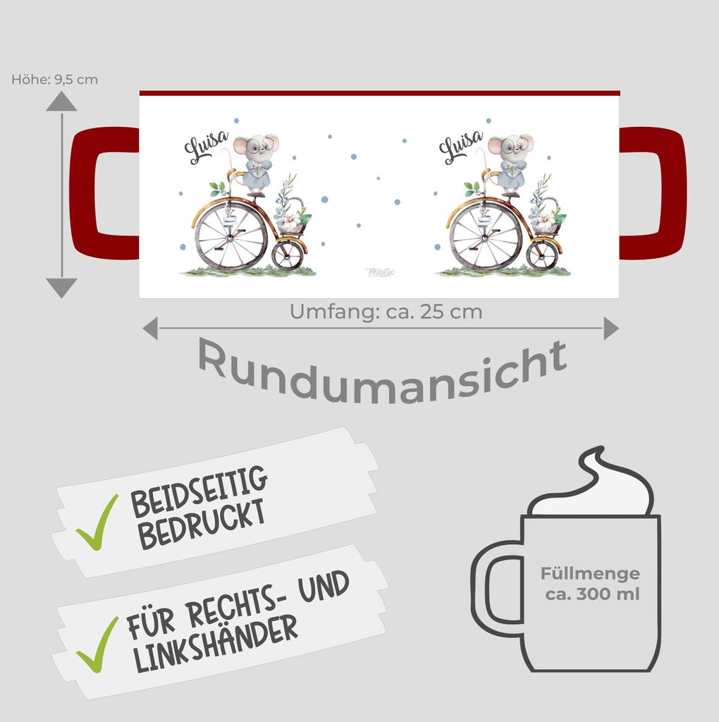 Keramik Tasse Maus auf Fahrrad mit Namen - von Mikalino