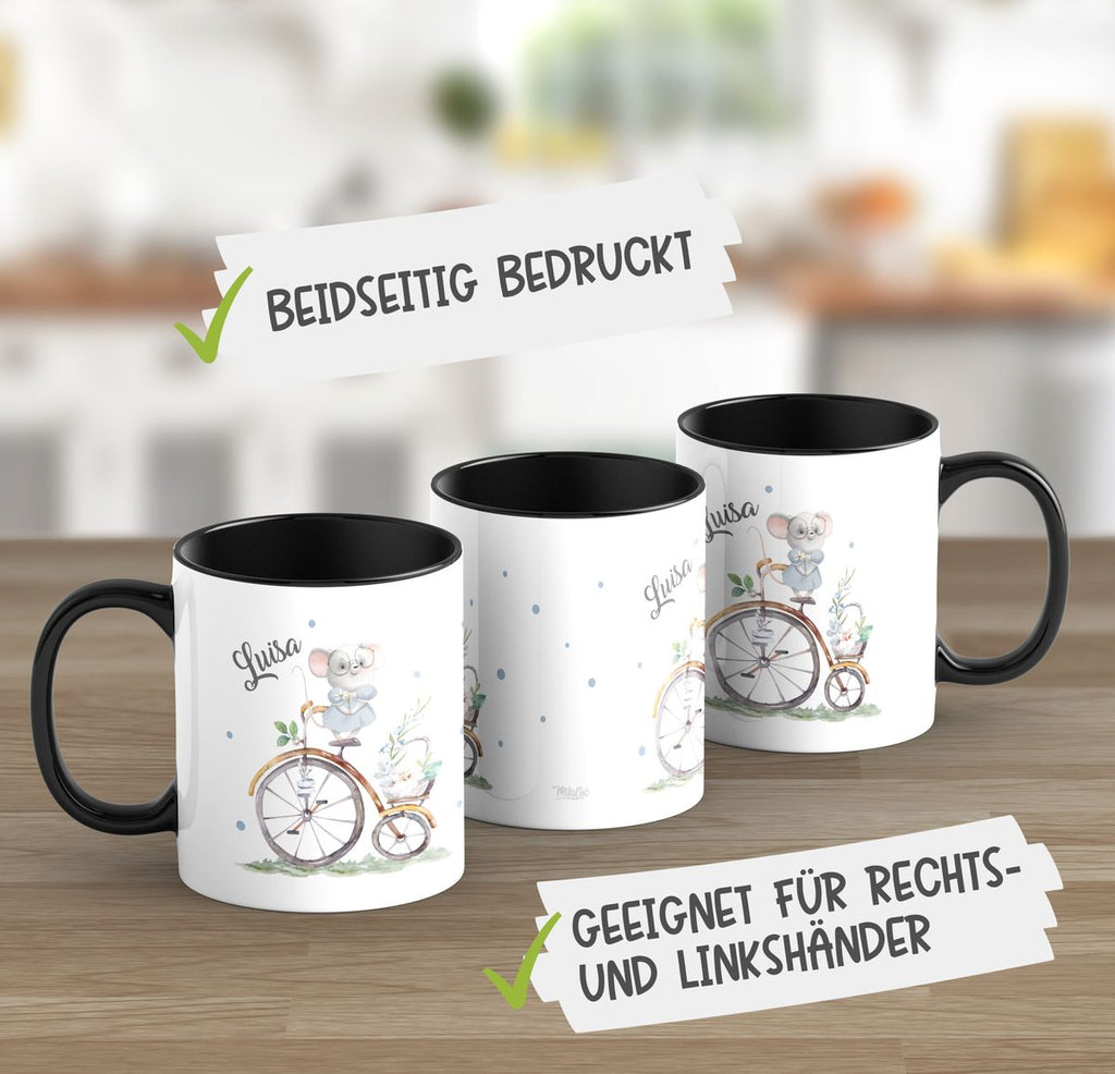 Keramik Tasse Maus auf Fahrrad mit Namen - von Mikalino