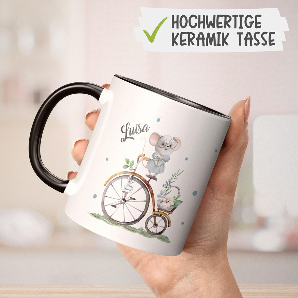 Keramik Tasse Maus auf Fahrrad mit Namen - von Mikalino