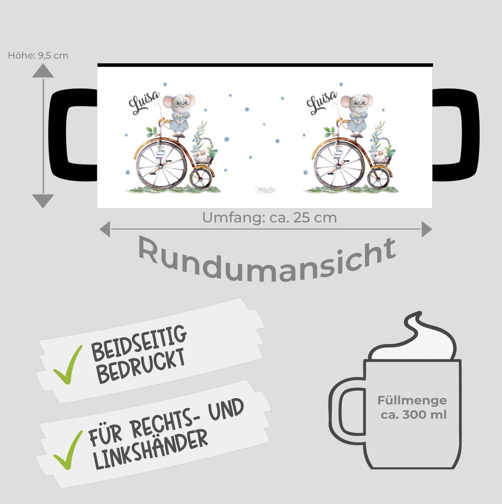 Keramik Tasse Maus auf Fahrrad mit Namen - von Mikalino