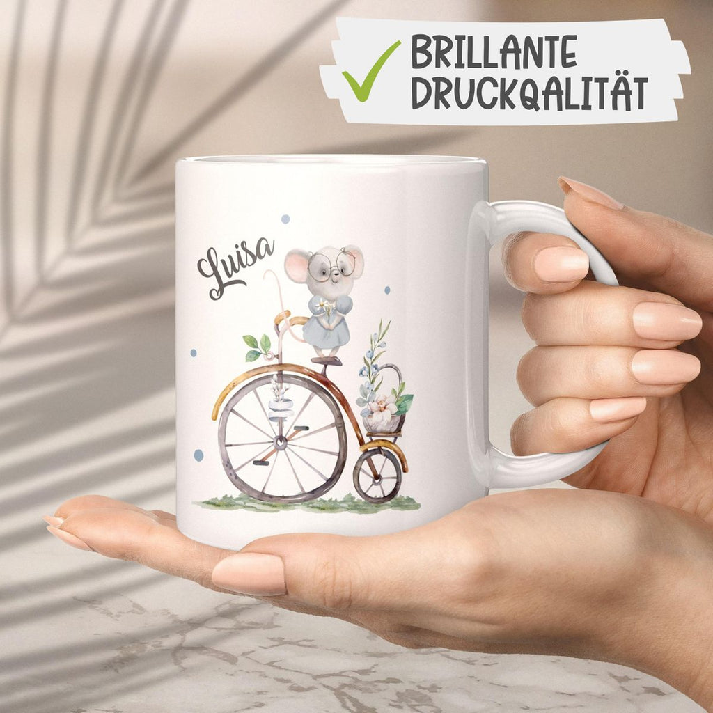 Keramik Tasse Maus auf Fahrrad mit Namen - von Mikalino