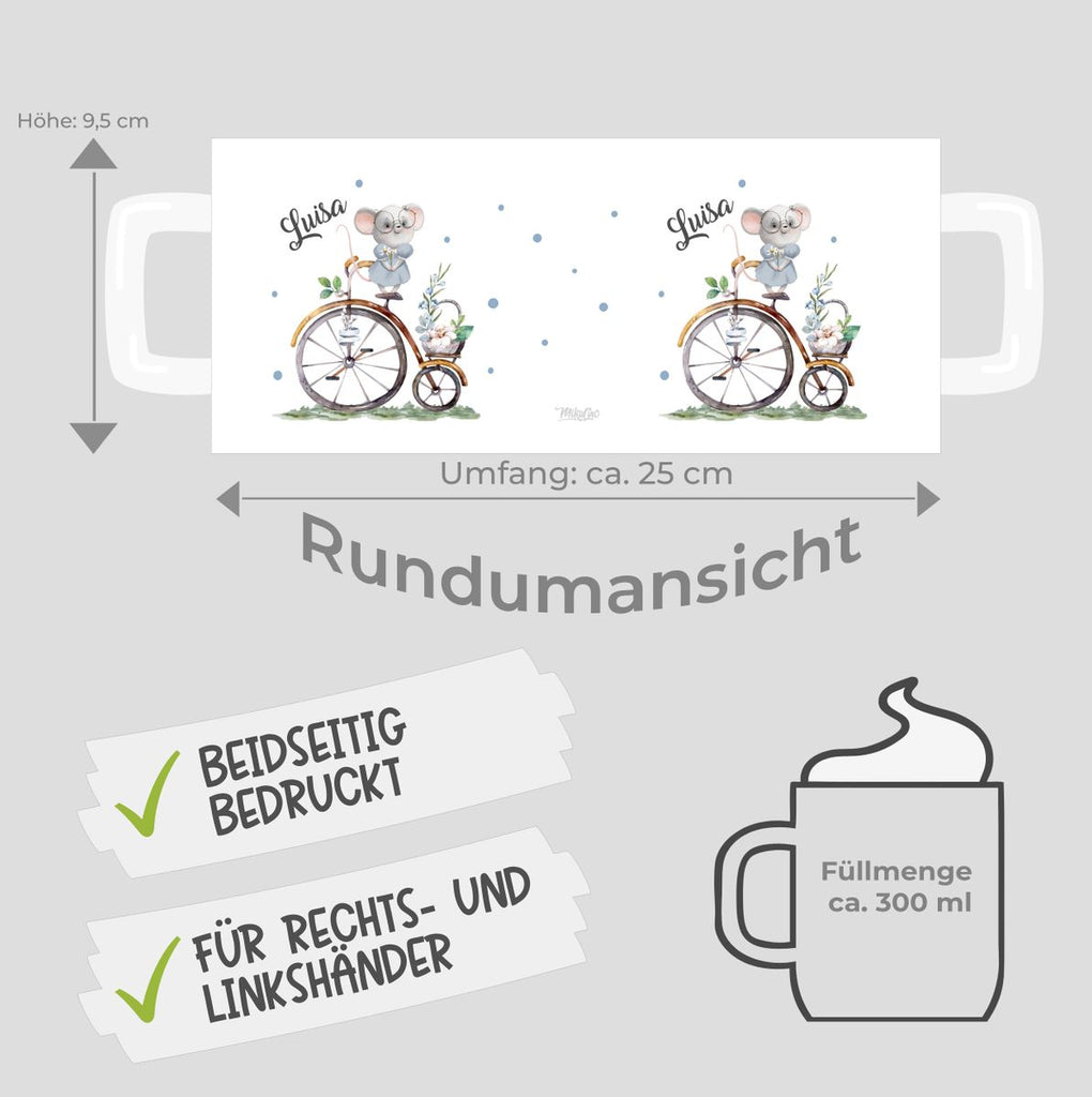 Keramik Tasse Maus auf Fahrrad mit Namen - von Mikalino