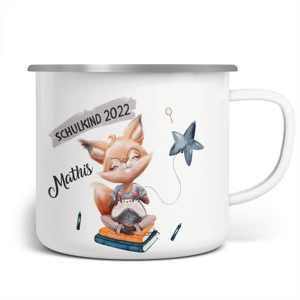 Emaille Tasse Schulkind 2023 Fuchs zockt mit Namen - von Mikalino